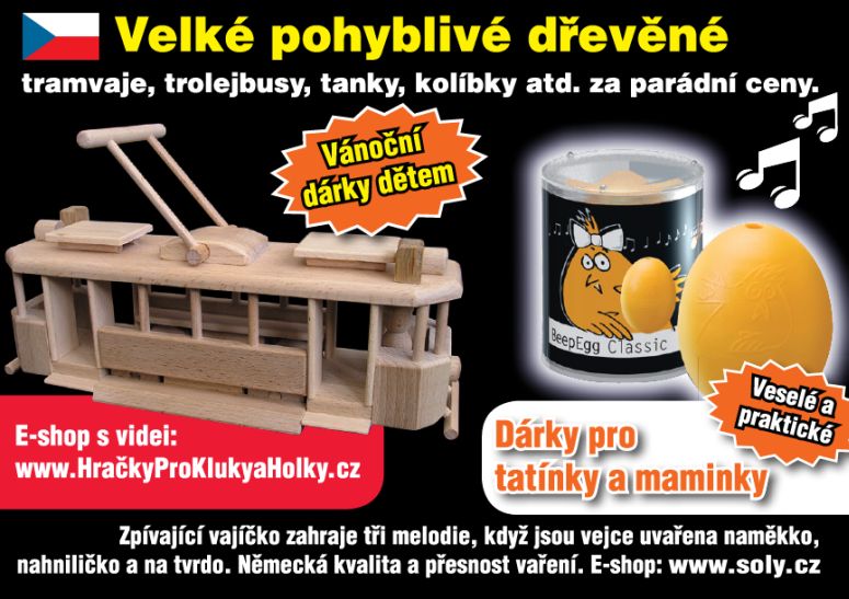 Dřevěné hračky pro kluky a vánoční dárky pro ženy, Tramvaj a vařiče vajec.