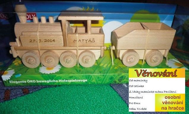 Parní lokomotivy ze dřeva, dárky a hračky s věnováním