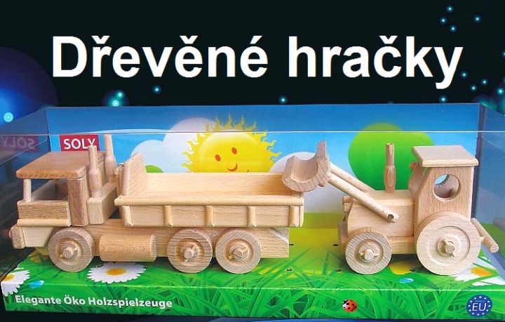 Dřevěné hračky, traktor a nákladní auto