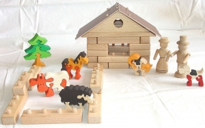 Zvířecí farma, hračky a stavebnice ze dřeva. 