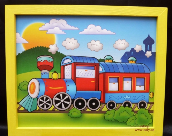 Malovaný obrázek v rámu do dětského pokoje. Vláček, vlak, lokomotiva