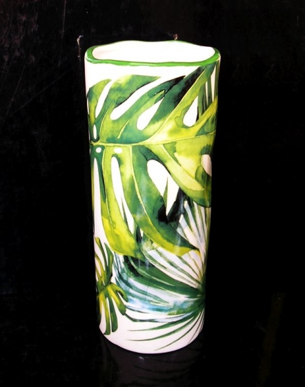 Zelená keramická váza válec na květiny, dekorace