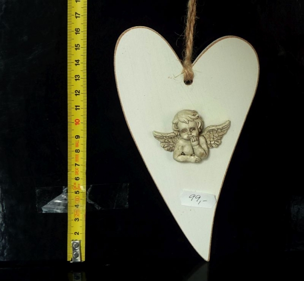 Závěsné dřevěné srdce 25 cm, srdíčko s andělem