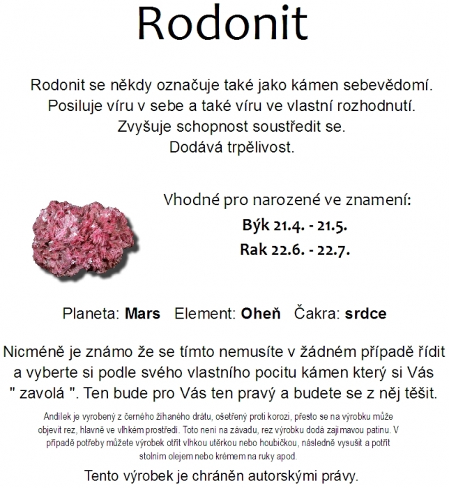 Anděl z drátu s kamenem Rodonit, minerál