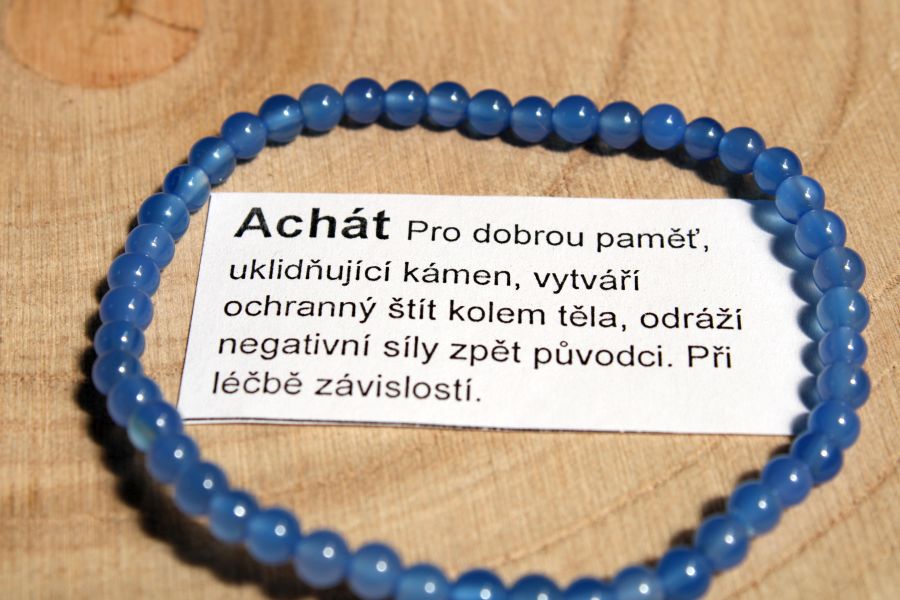 Náramek z modrého achátu 4 mm, 19 cm, přírodní minerální šperk